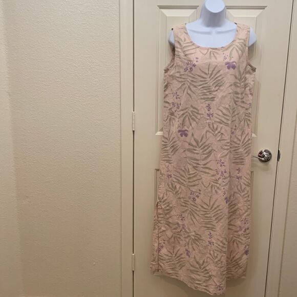 Jane Ashley Medium Linen Cotton Scoop Neck Short Sleeve Pink Purple Maxi Dress - Picture 1 of 11